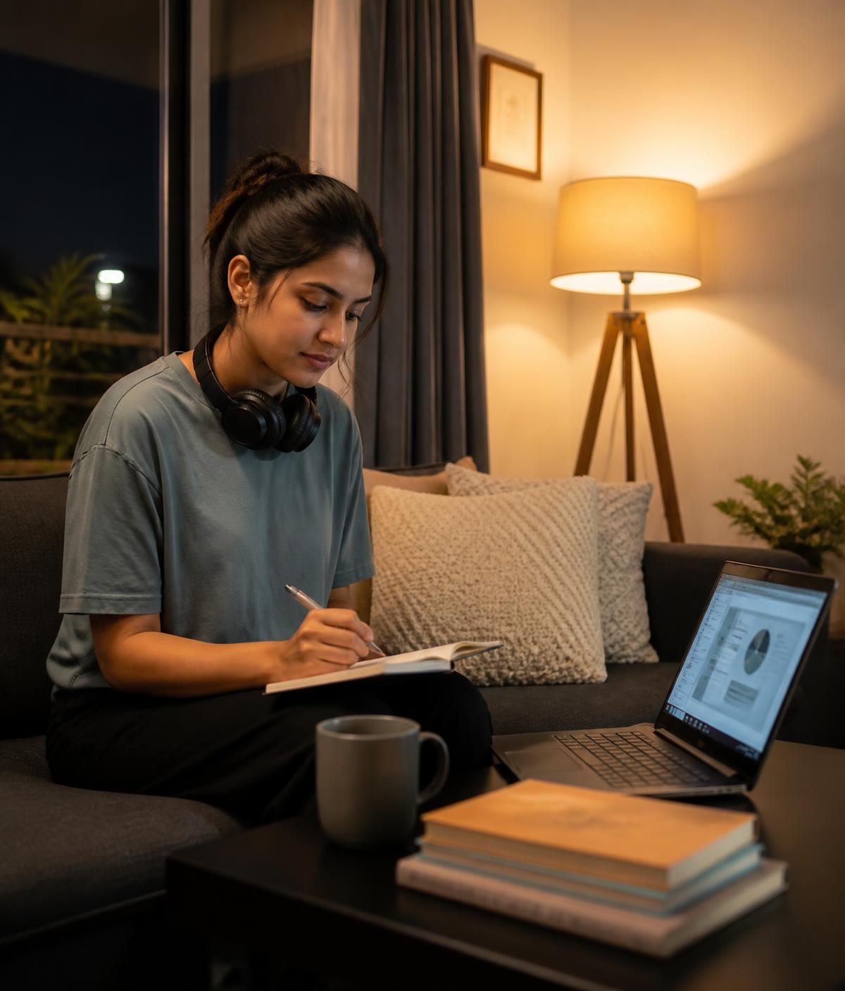 An Indian working professional studying course material on a laptop at home in the evening